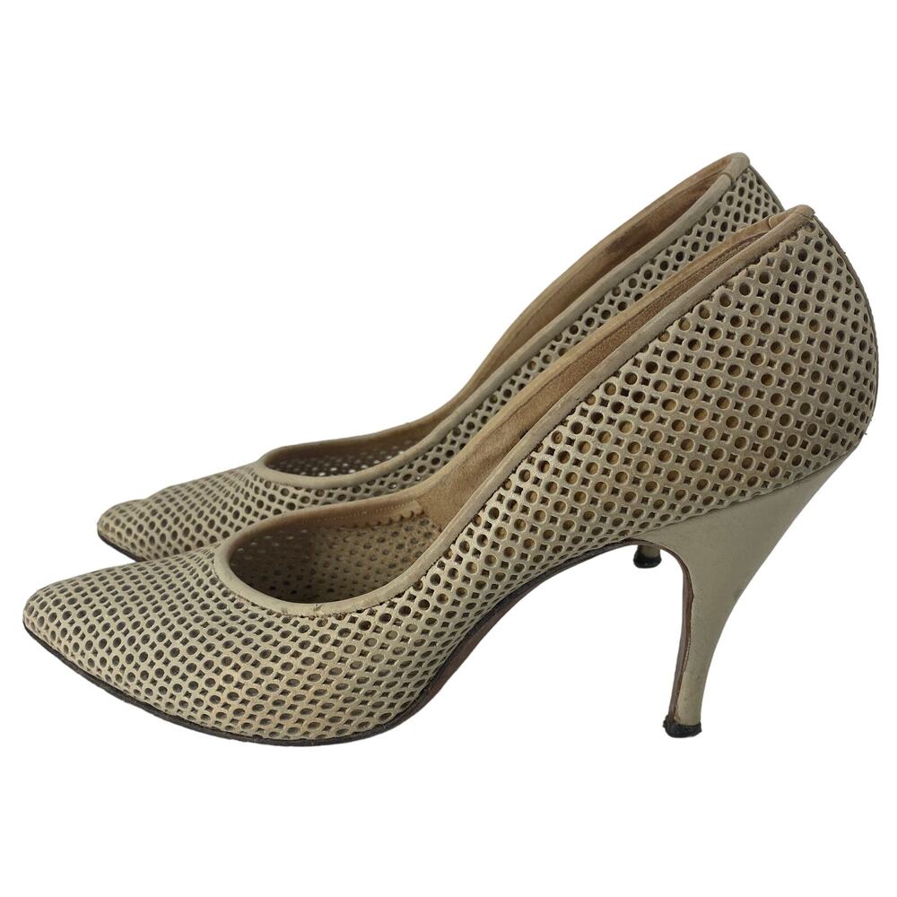 VTG Andrew Geller X Ben Becker 1950-60s Cutout Cream White Heel Pumps 7.5 AAA - Picture 3 of 7